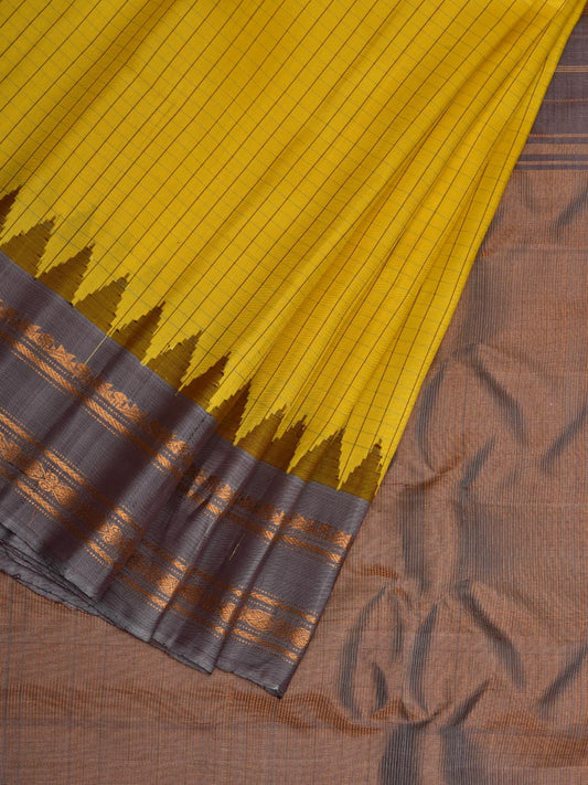 Yellow and Grey Gadwal Silk Handloom Saree with Checks and Temple Border Design g0328