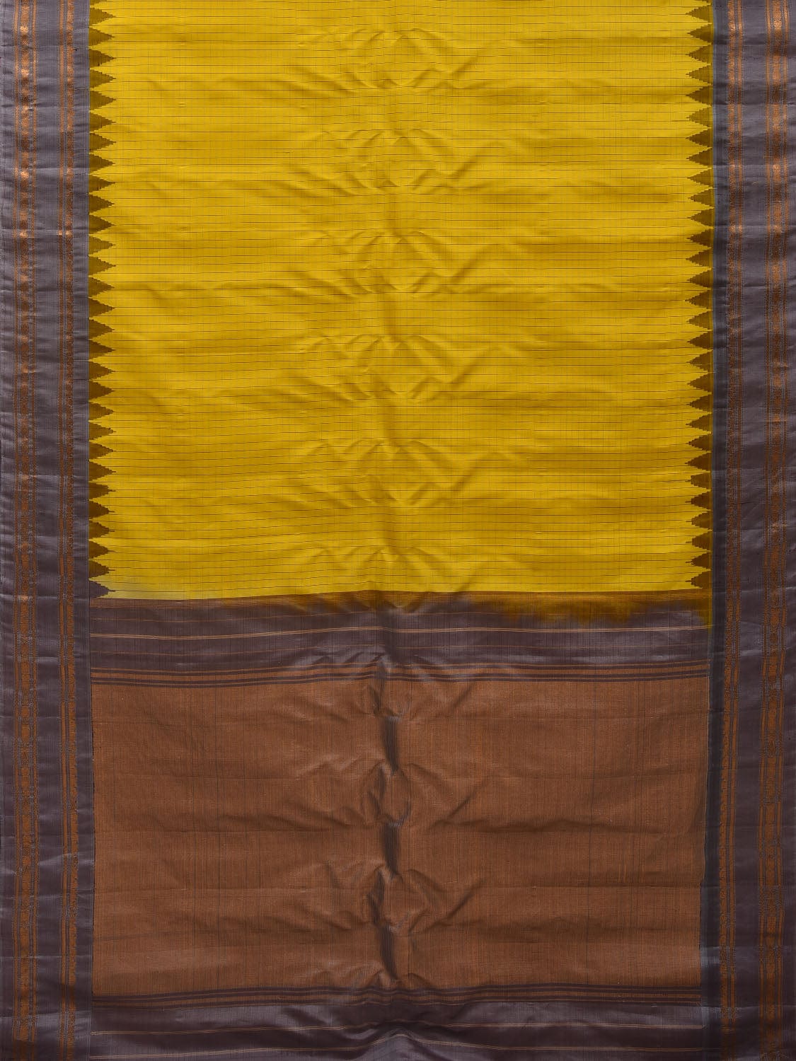 Yellow and Grey Gadwal Silk Handloom Saree with Checks and Temple Border Design g0328