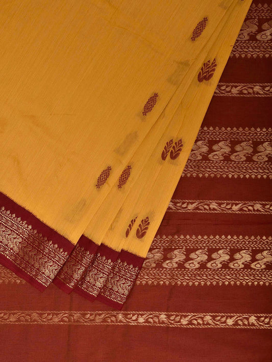 Yellow and Light Brown Gadwal Cotton Viscose Saree with Border and Pallu Design g0476