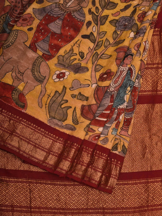Yellow and Maroon Kalamkari Hand Painted Gadwal Silk Handloom Saree with Village Theme Design KL0696