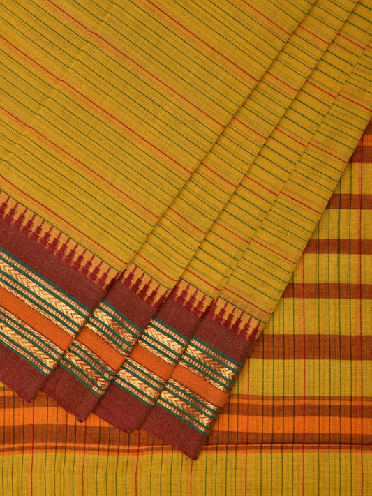 Yellow and Maroon Narayanpet Cotton Handloom Saree with Strips Design No Blouse np1010