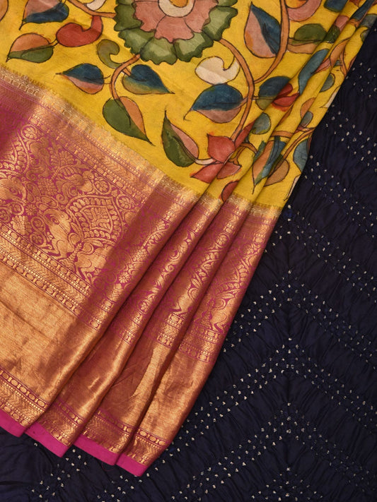 Yellow and Navy Bandhani Kanchipuram Silk Handloom Saree with Body Kalamkari Design bn0487