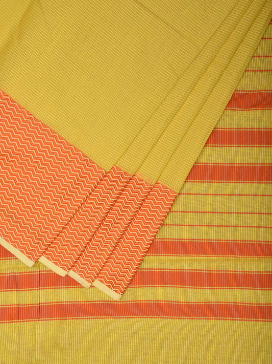 Yellow and Orange Bamboo Cotton Saree with Strips and Zig-Zag Border Design No Blouse bc0564