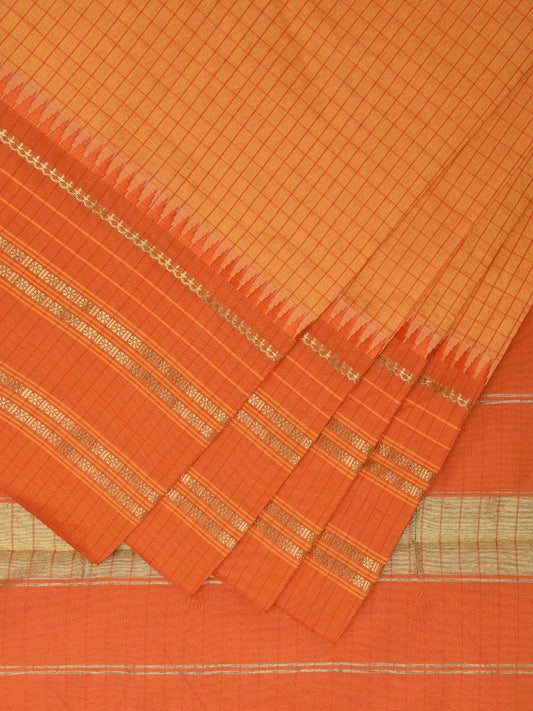 Yellow and Orange Bamboo Cotton Viscose Silk Saree with Checks Design No Blouse bc0369