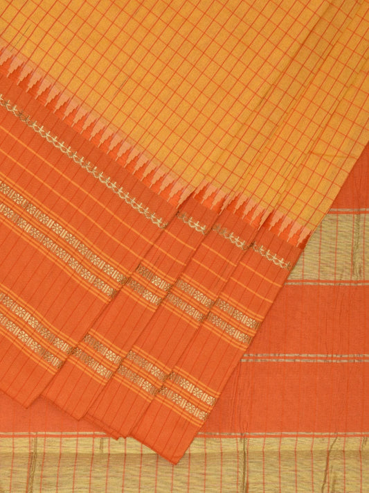 Yellow and Orange Bamboo Cotton Viscose Silk Saree with Checks Design No Blouse bc0375