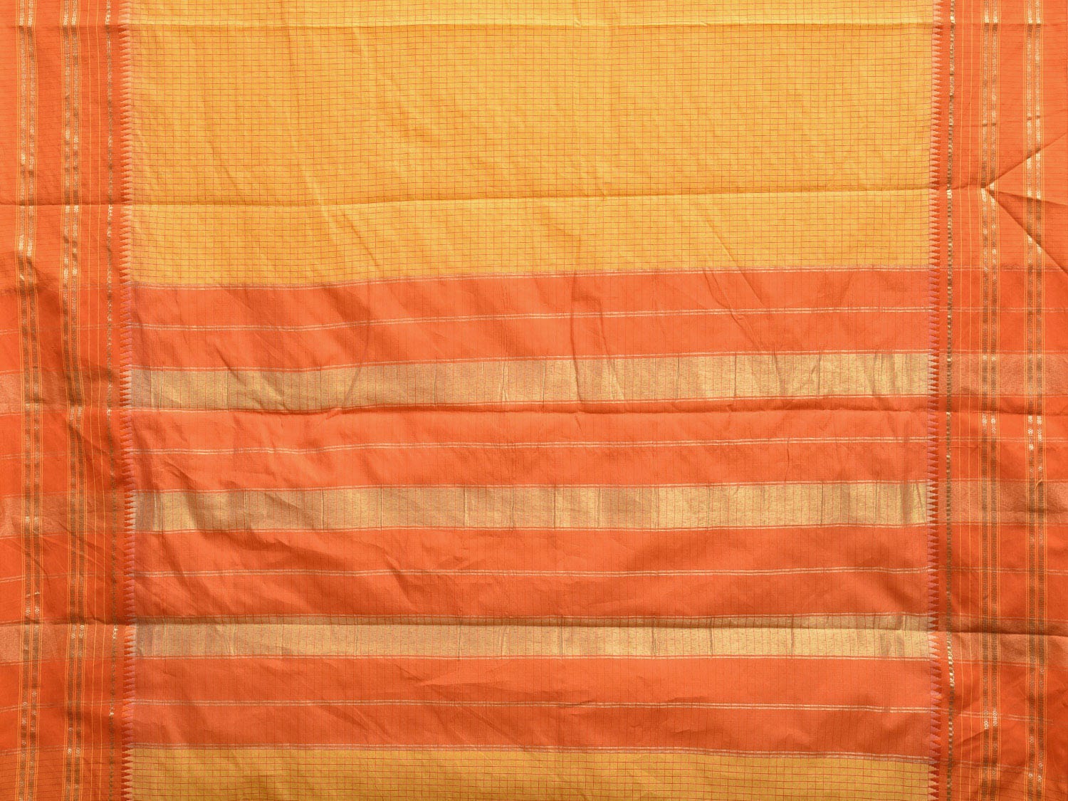 Yellow and Orange Bamboo Cotton Viscose Silk Saree with Checks Design No Blouse bc0375