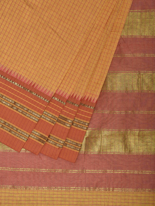 Yellow and Orange Bamboo Cotton Viscose Silk Saree with Checks Design No Blouse bc0837