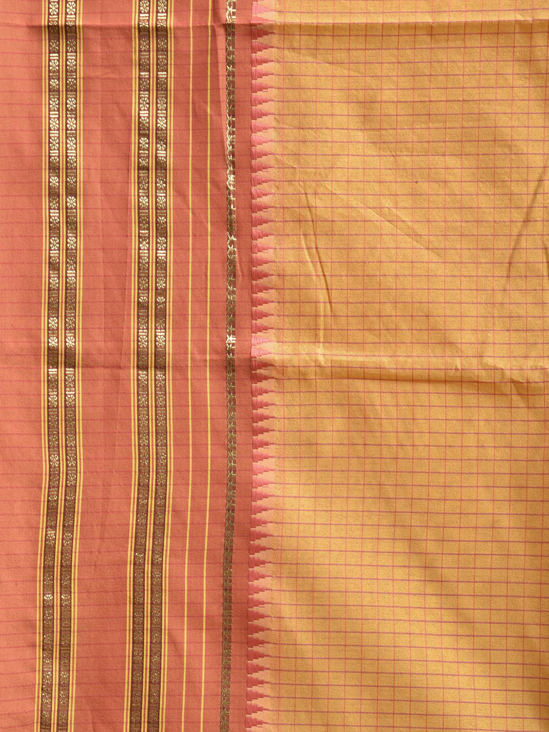 Yellow and Orange Bamboo Cotton Viscose Silk Saree with Checks Design No Blouse bc0837