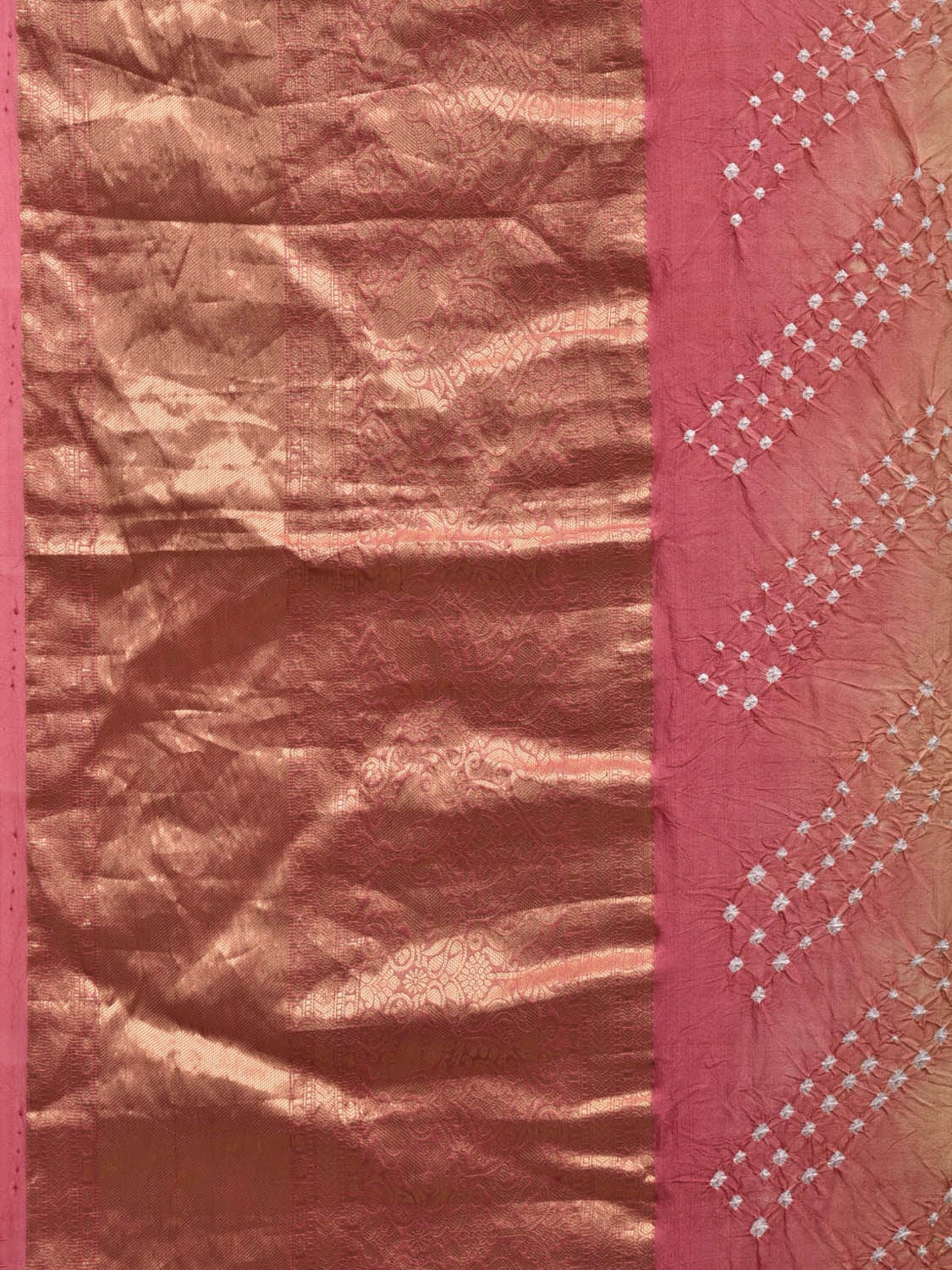 Yellow and Peach Bandhani Kanchipuram Silk Handloom Saree with Border Design No Blouse bn0364