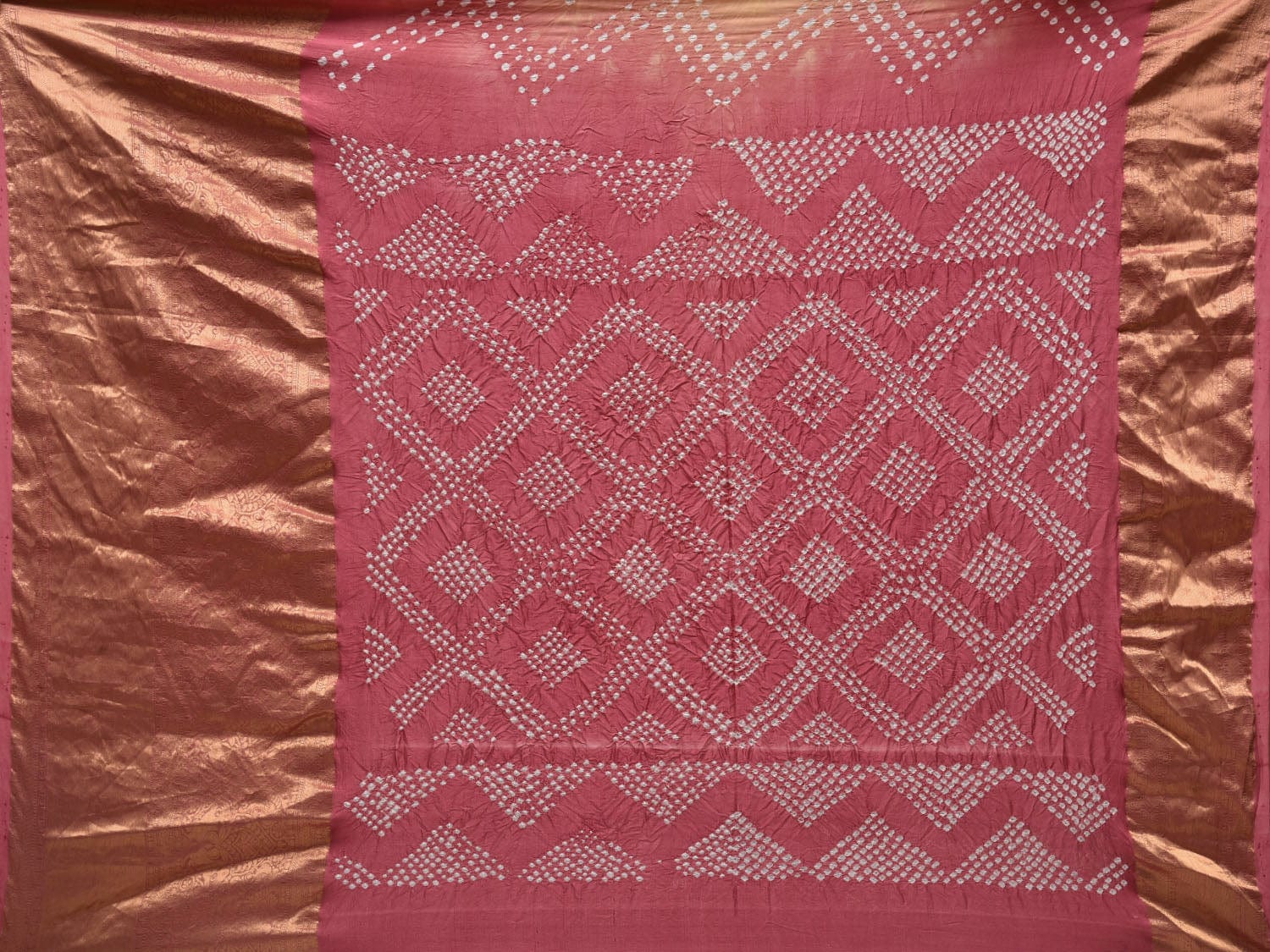 Yellow and Peach Bandhani Kanchipuram Silk Handloom Saree with Border Design No Blouse bn0364