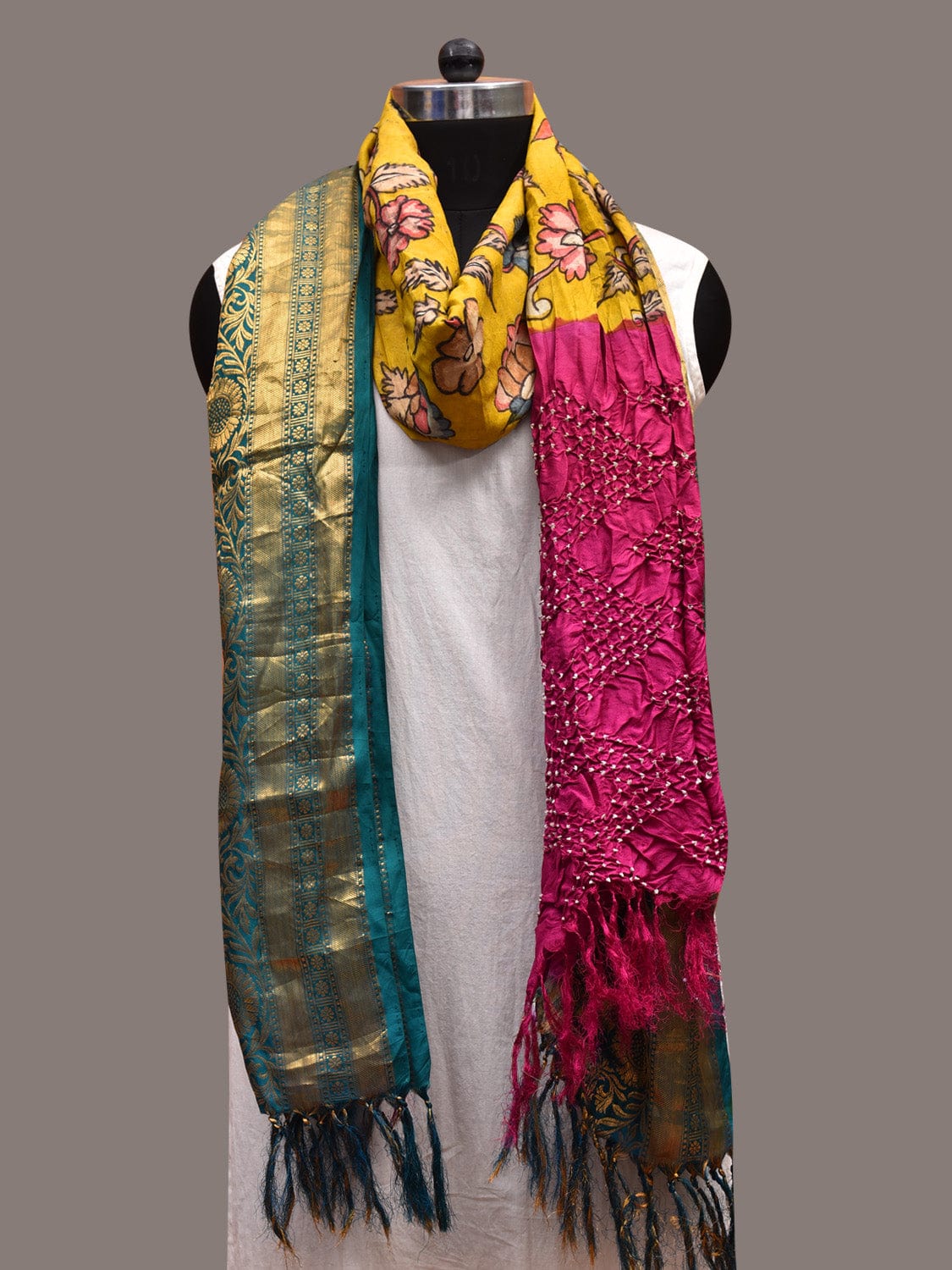 Yellow and Pink Bandhani Kalamkari Hand Painted Kanchipuram Silk Handloom Dupatta with Floral Design ds3631