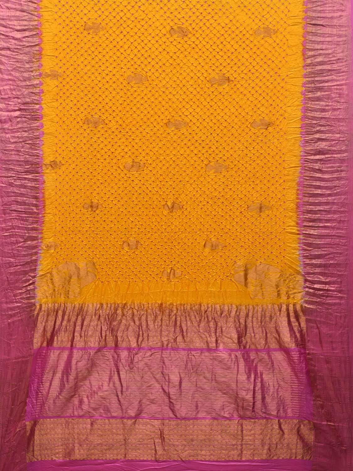 Yellow and Pink Bandhani Kanchipuram Silk Handloom Saree with Gandaberunda Design bn0206