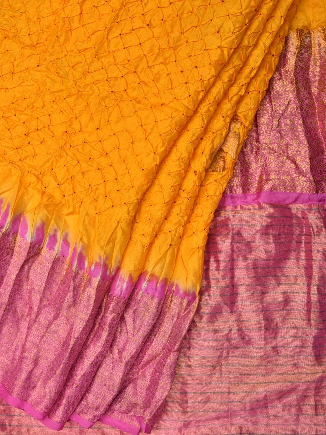 Yellow and Pink Bandhani Kanchipuram Silk Handloom Saree with Gandaberunda Design bn0206