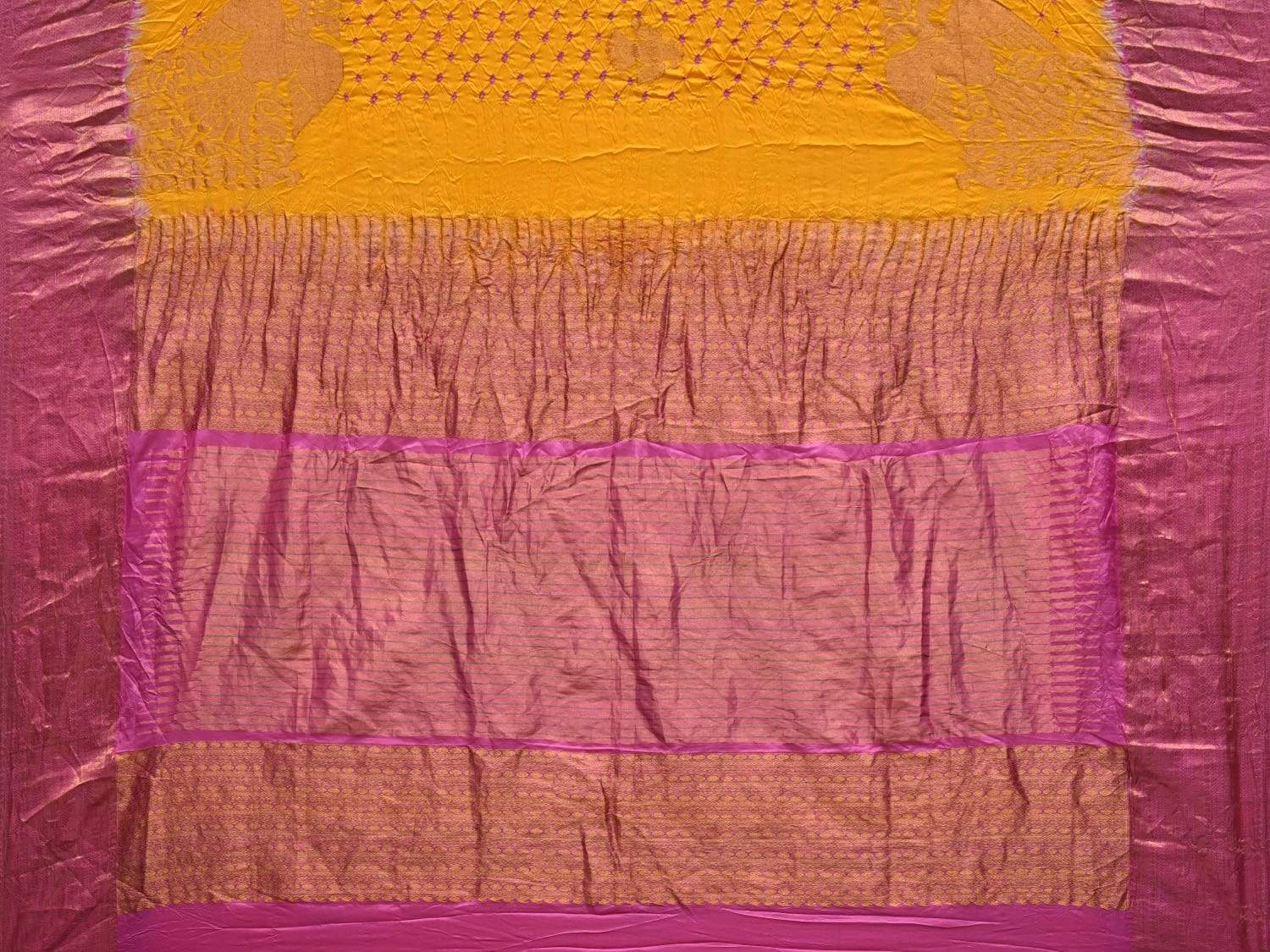Yellow and Pink Bandhani Kanchipuram Silk Handloom Saree with Gandaberunda Design bn0206