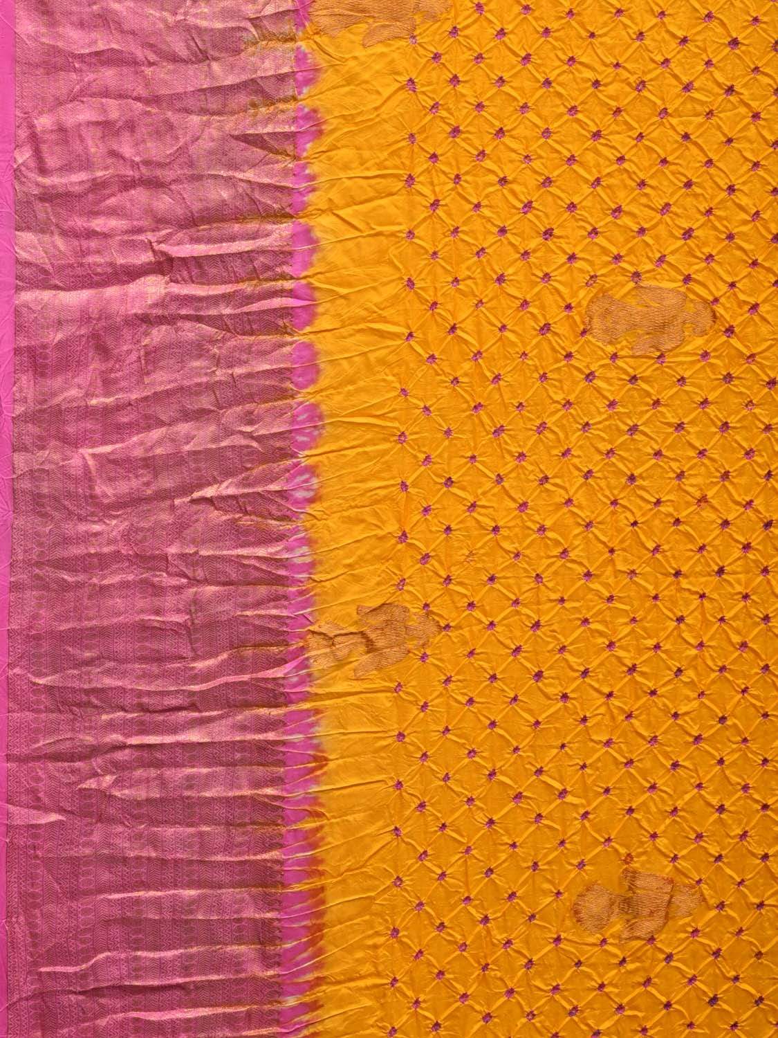 Yellow and Pink Bandhani Kanchipuram Silk Handloom Saree with Gandaberunda Design bn0206