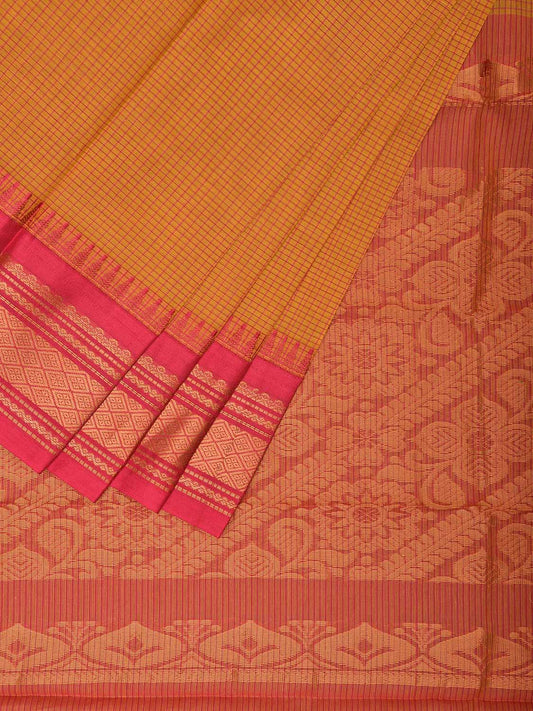 Yellow and Pink Gadwal Cotton Saree with Checks and Pallu Design g0435