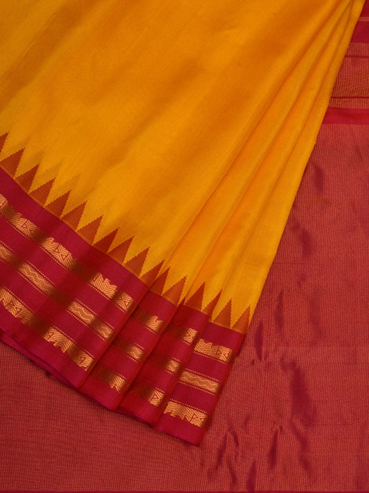 Yellow and Pink Gadwal Silk Handloom Plain Saree with Temple Border Design g0327