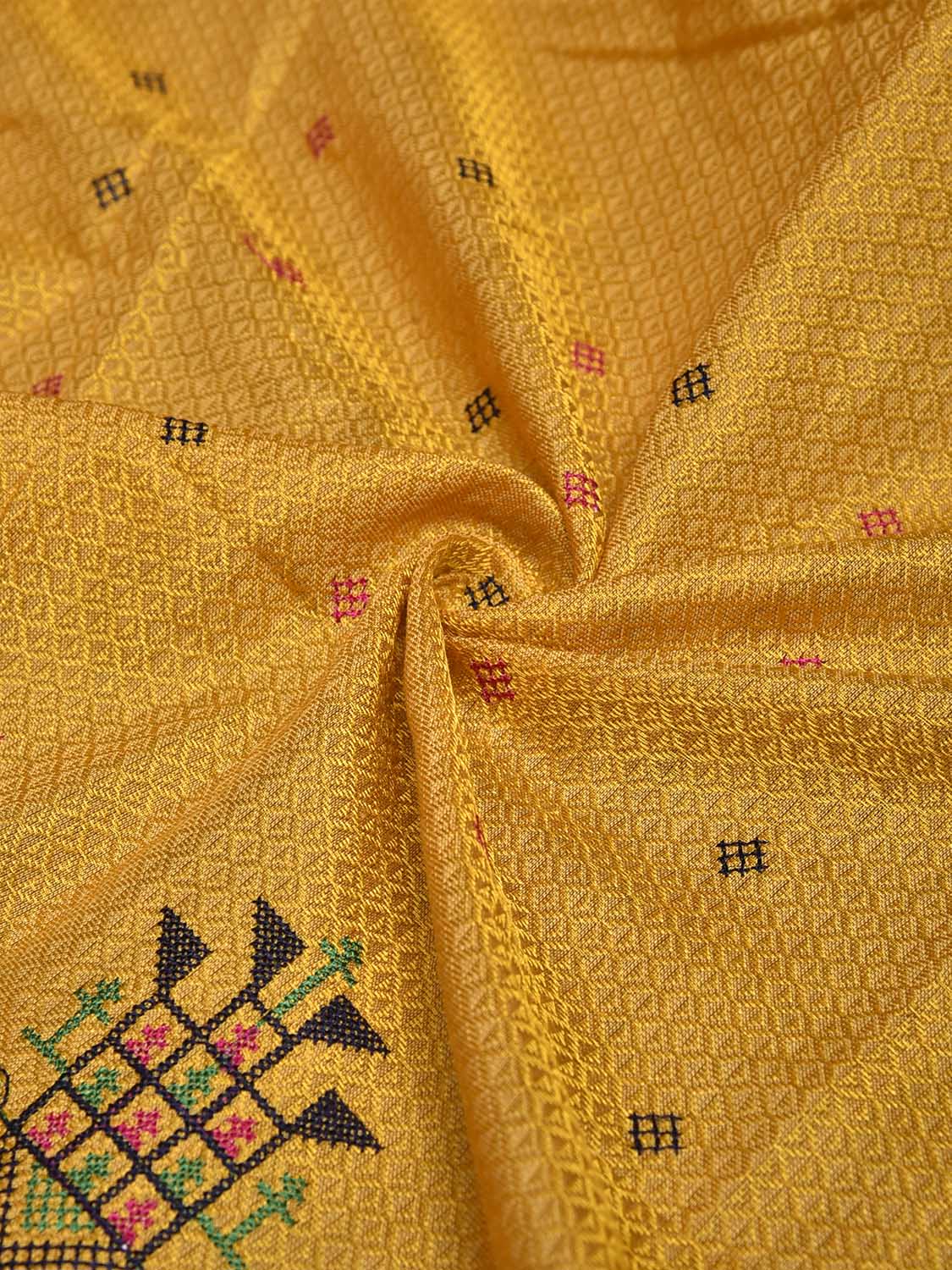 Yellow and Pink Kasuti Viscose Blouse with Elephant Design Length 1mt Width 44 Inches BL0149