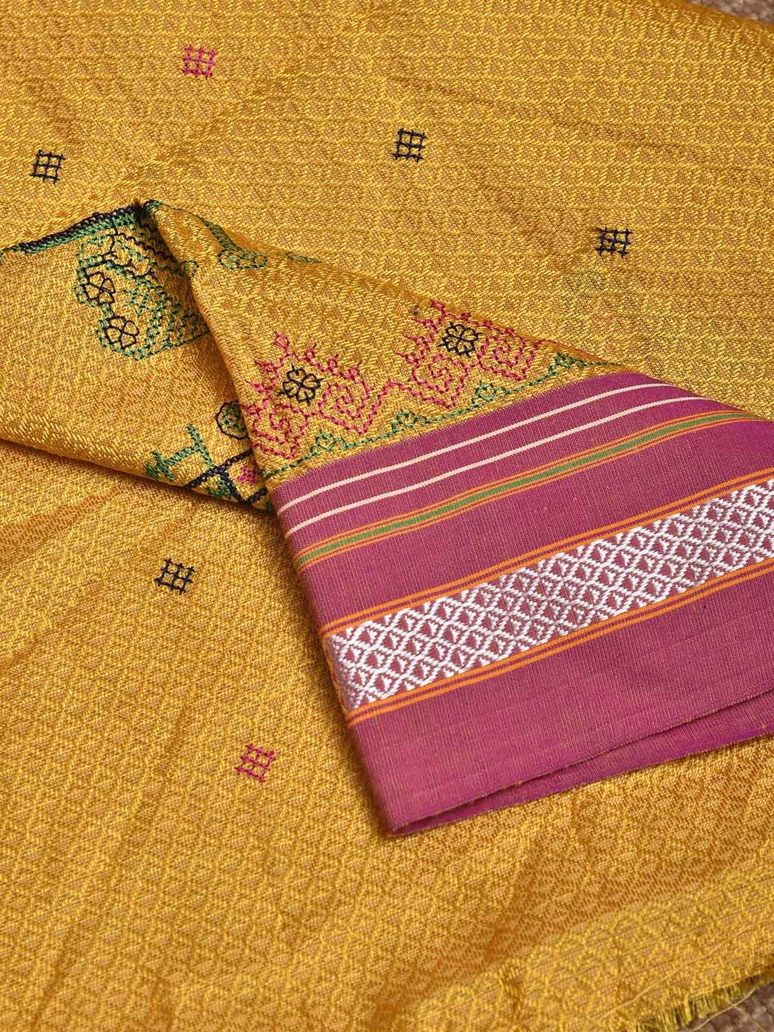 Yellow and Pink Kasuti Viscose Blouse with Elephant Design Length 1mt Width 44 Inches BL0149