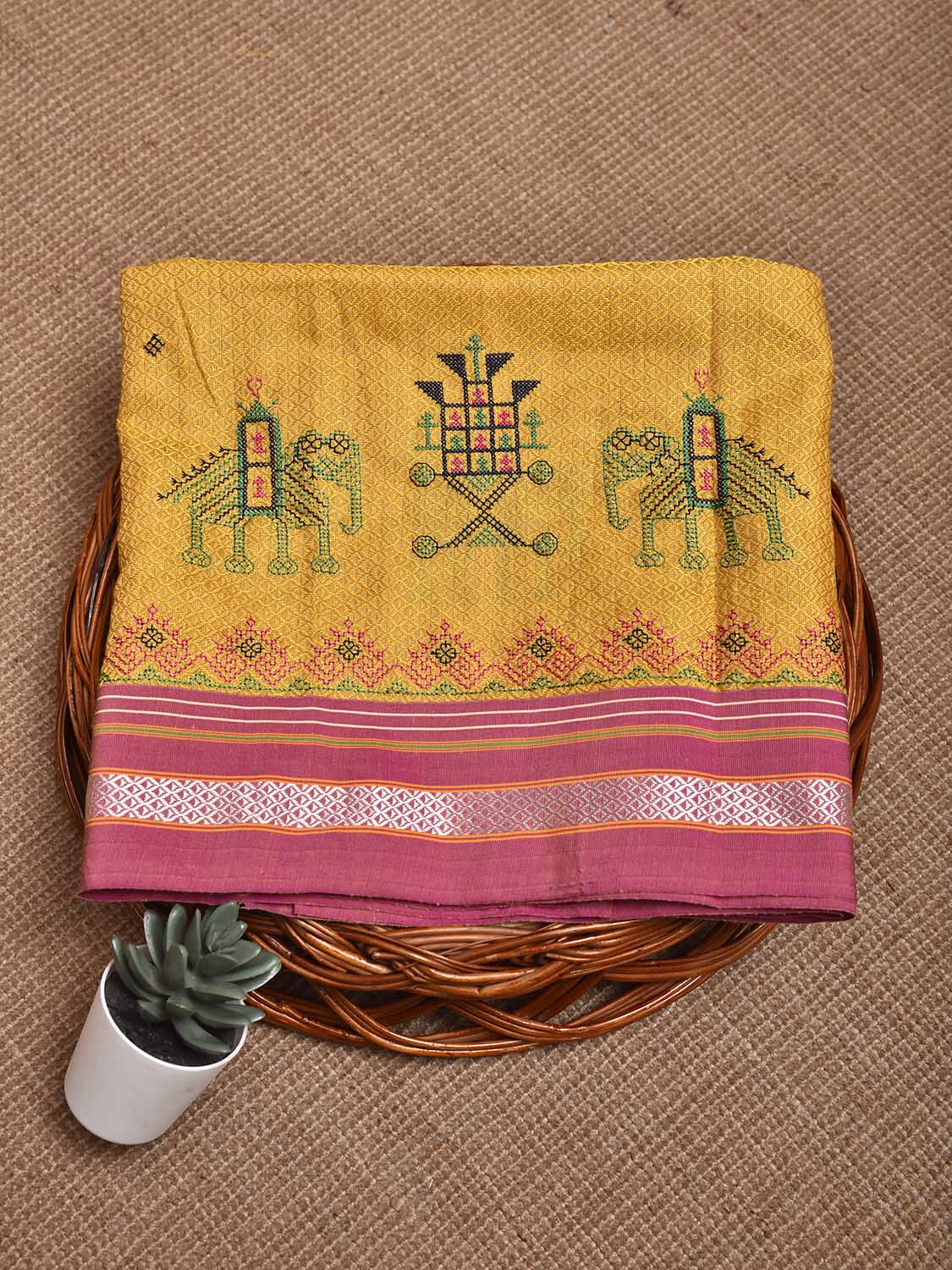 Yellow and Pink Kasuti Viscose Blouse with Elephant Design Length 1mt Width 44 Inches BL0149