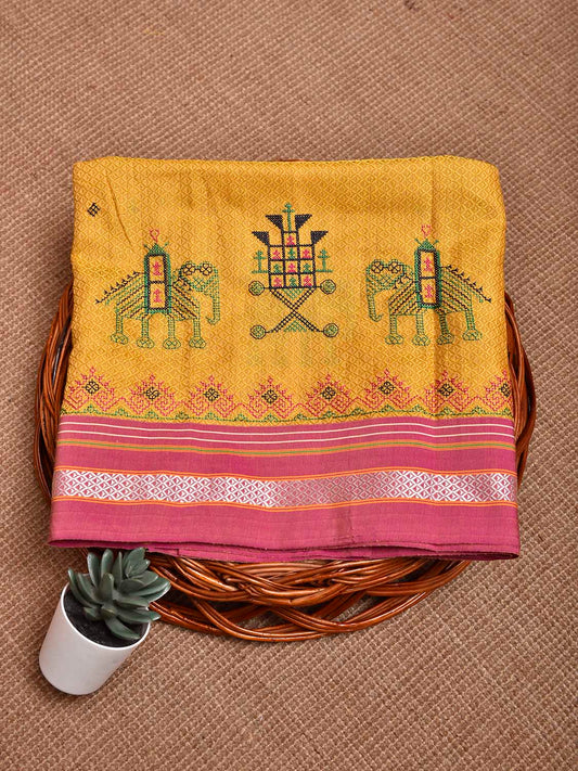 Yellow and Pink Kasuti Viscose Blouse with Elephant Design Length 1mt Width 44 Inches BL0149