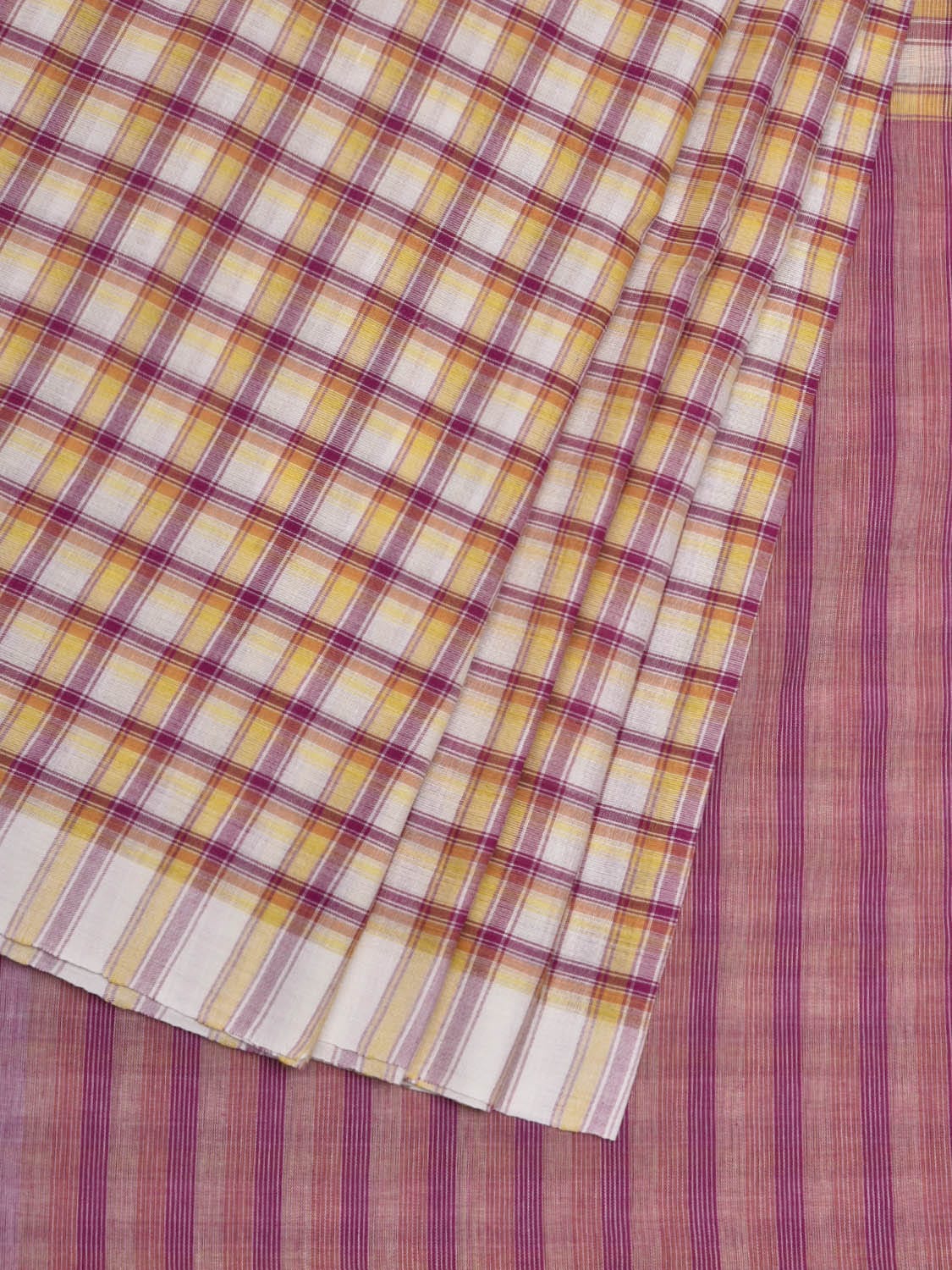 Yellow and Pink Organic Cotton Handloom Saree with Checks Design o0301