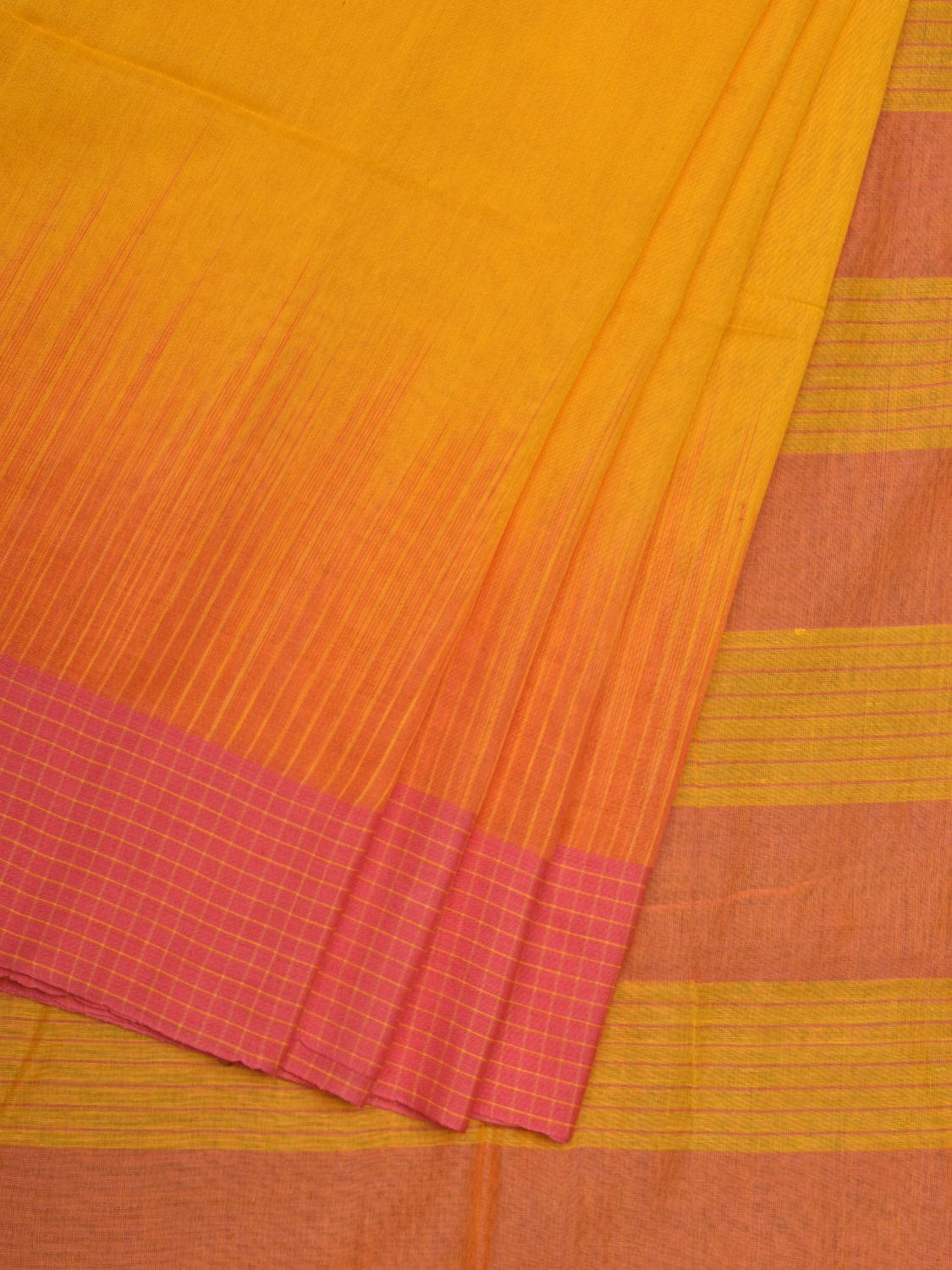 Yellow and Pink Organic Cotton Handloom Saree with Strips Pallu Design o0315