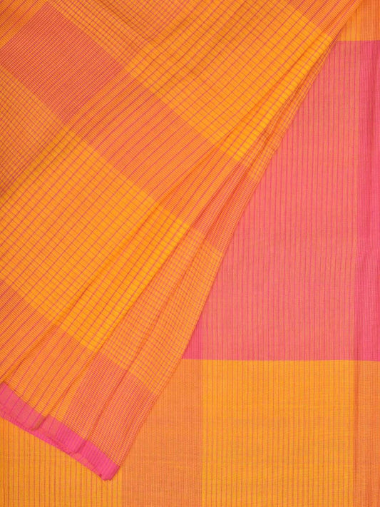Yellow and Pink Soft Cotton Handloom Saree with Checks Design o0284