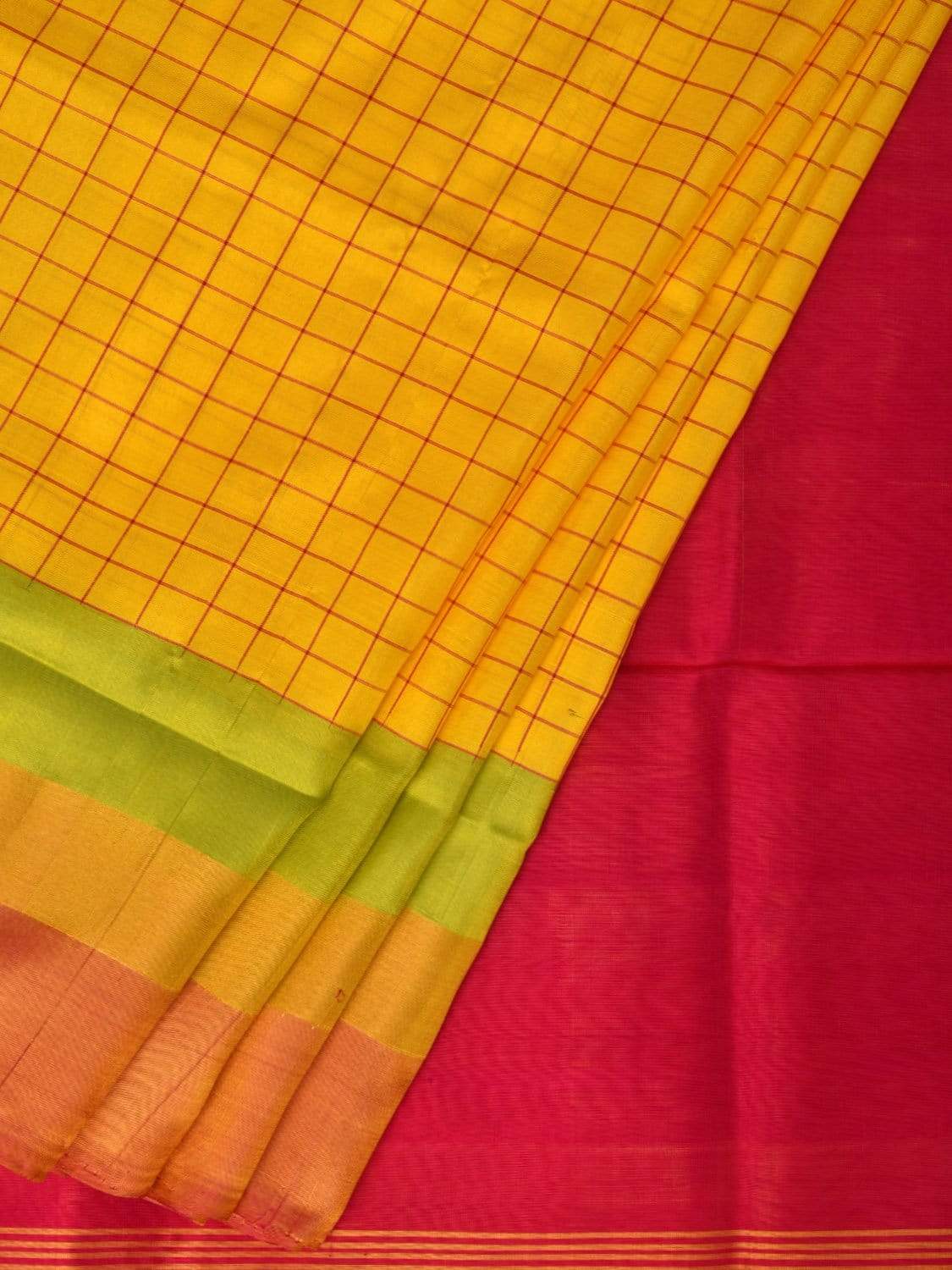 Yellow and Pink Uppada Silk Handloom Saree with Half Checks Body Design u1751