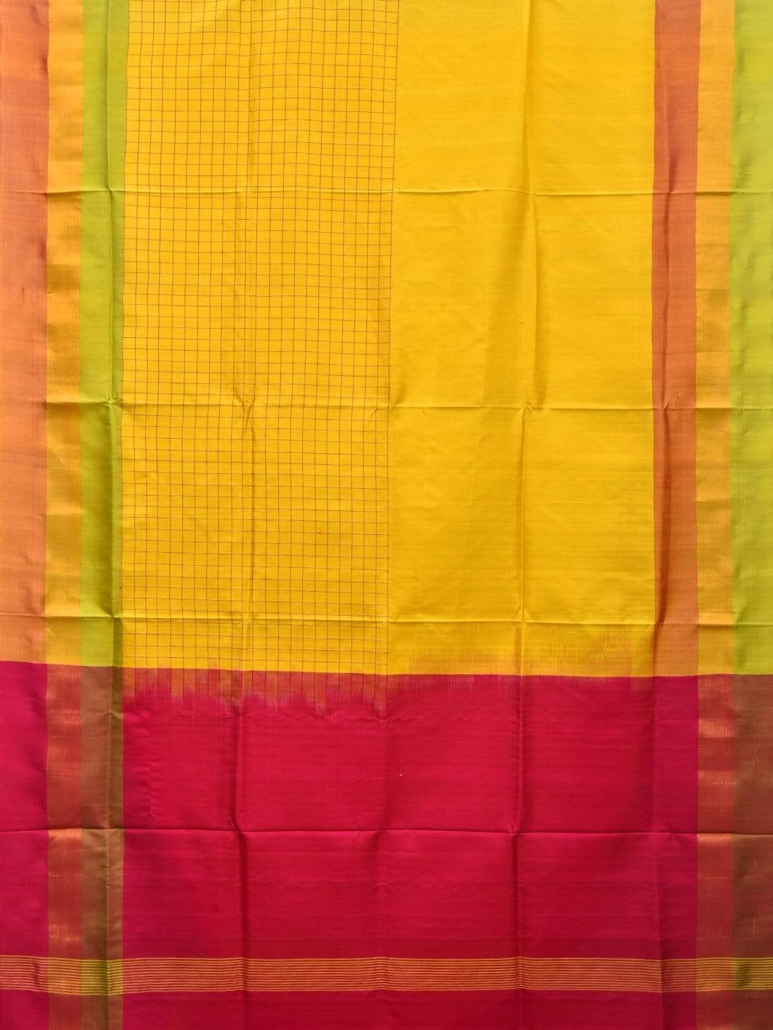 Yellow and Pink Uppada Silk Handloom Saree with Half Checks Body Design u1751