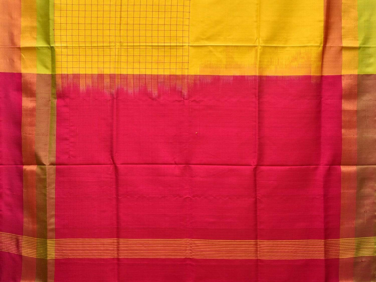Yellow and Pink Uppada Silk Handloom Saree with Half Checks Body Design u1751