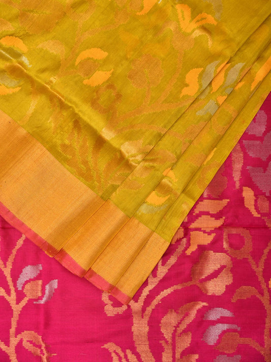 Yellow and Pink Uppada Silk Handloom Saree with One Side Border Design u2046