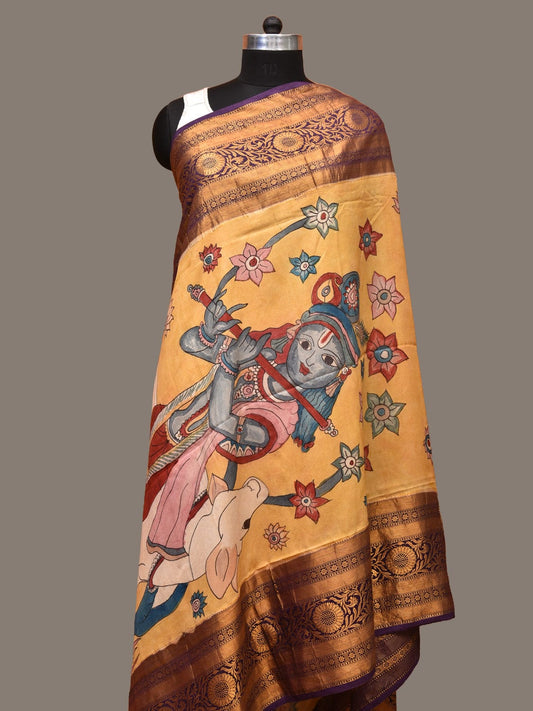 Yellow and Purple Kalamkari Hand Painted Kanchipuram Silk Handloom Dupatta with Krishna and Cow Design ds3240