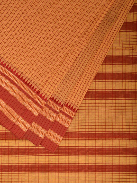 Yellow and Red Bamboo Cotton Saree with Checks Design No Blouse bc0794