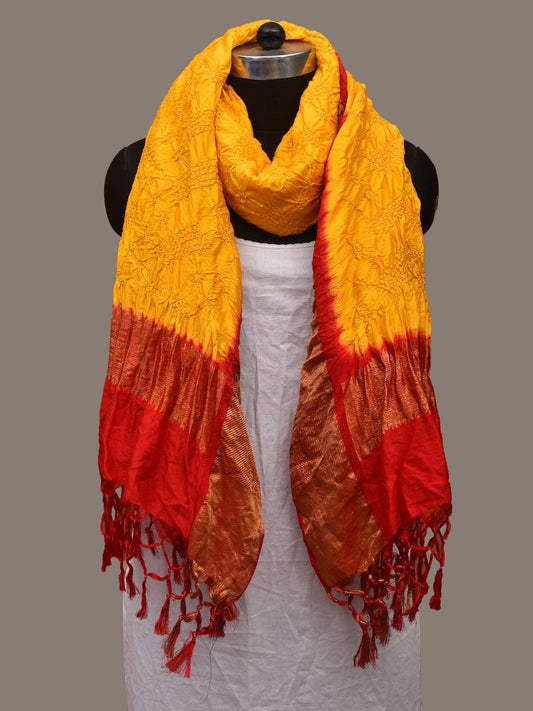 Yellow and Red Bandhani Kanchipuram Silk Handloom Dupatta with Zari Border Design ds3118