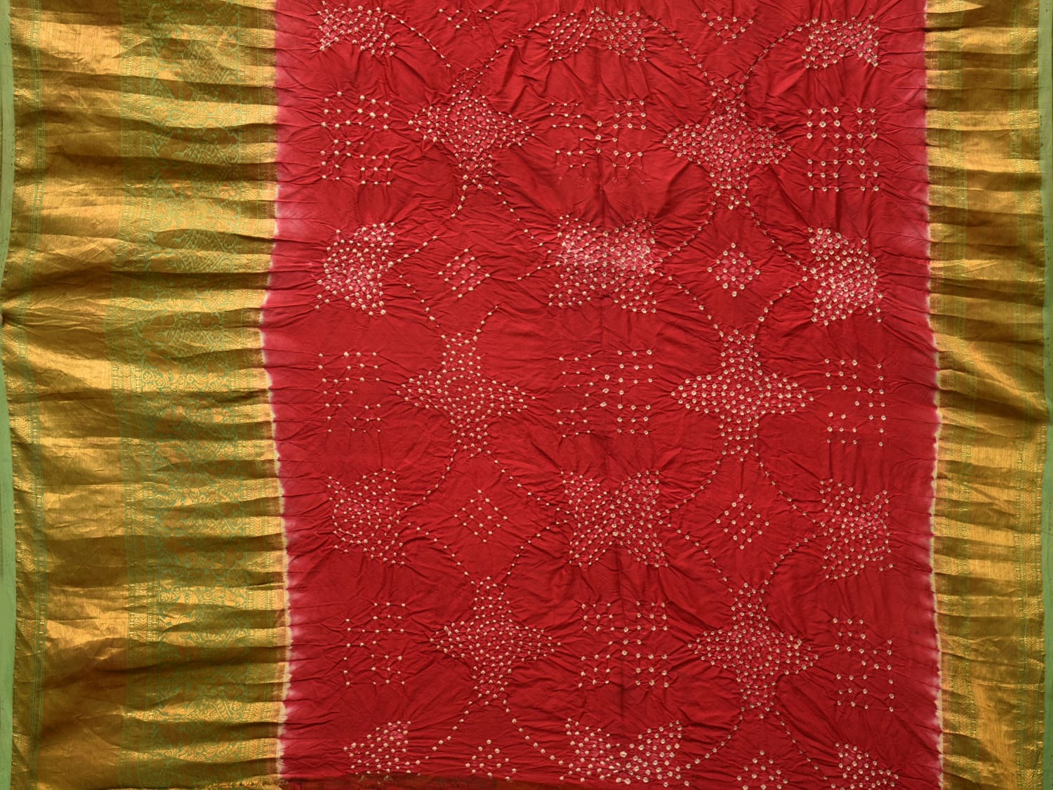 Yellow and Red Bandhani Kanchipuram Silk Handloom Saree with Kalamkari Floral Body Design bn0492