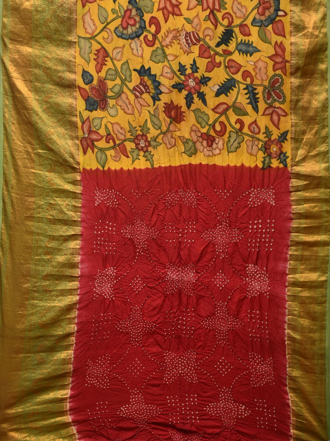 Yellow and Red Bandhani Kanchipuram Silk Handloom Saree with Kalamkari Floral Body Design bn0492