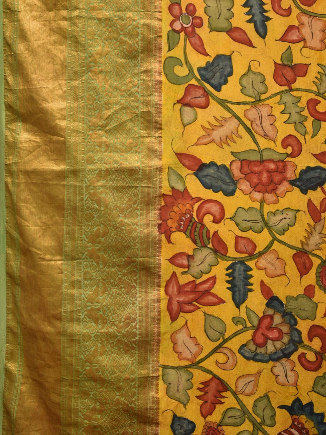 Yellow and Red Bandhani Kanchipuram Silk Handloom Saree with Kalamkari Floral Body Design bn0492