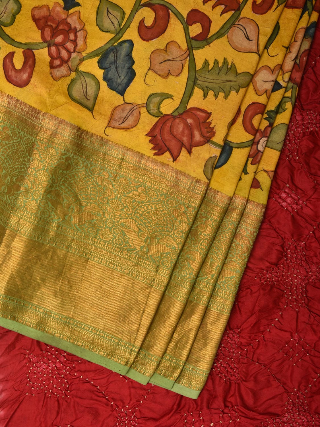 Yellow and Red Bandhani Kanchipuram Silk Handloom Saree with Kalamkari Floral Body Design bn0492
