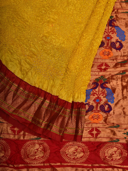 Yellow and Red Bandhani Paithani Silk Handloom Saree with Pallu Design bn0452
