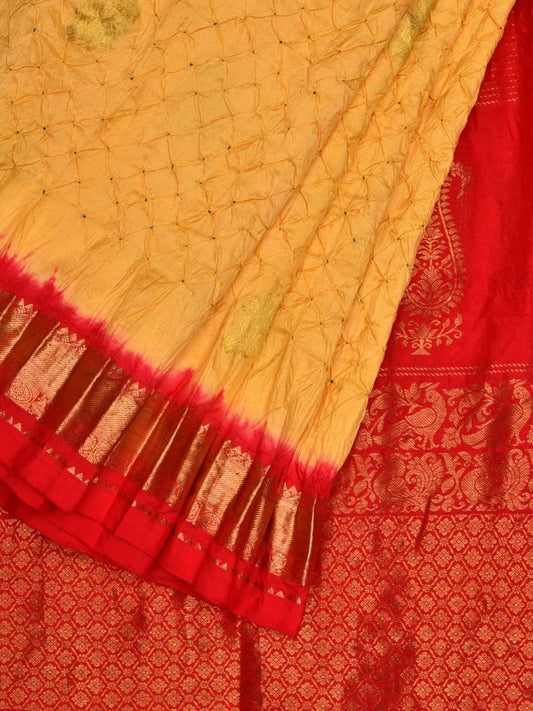 Yellow and Red Bandhani Uppada Silk Handloom Saree with Body Buta Design bn0309