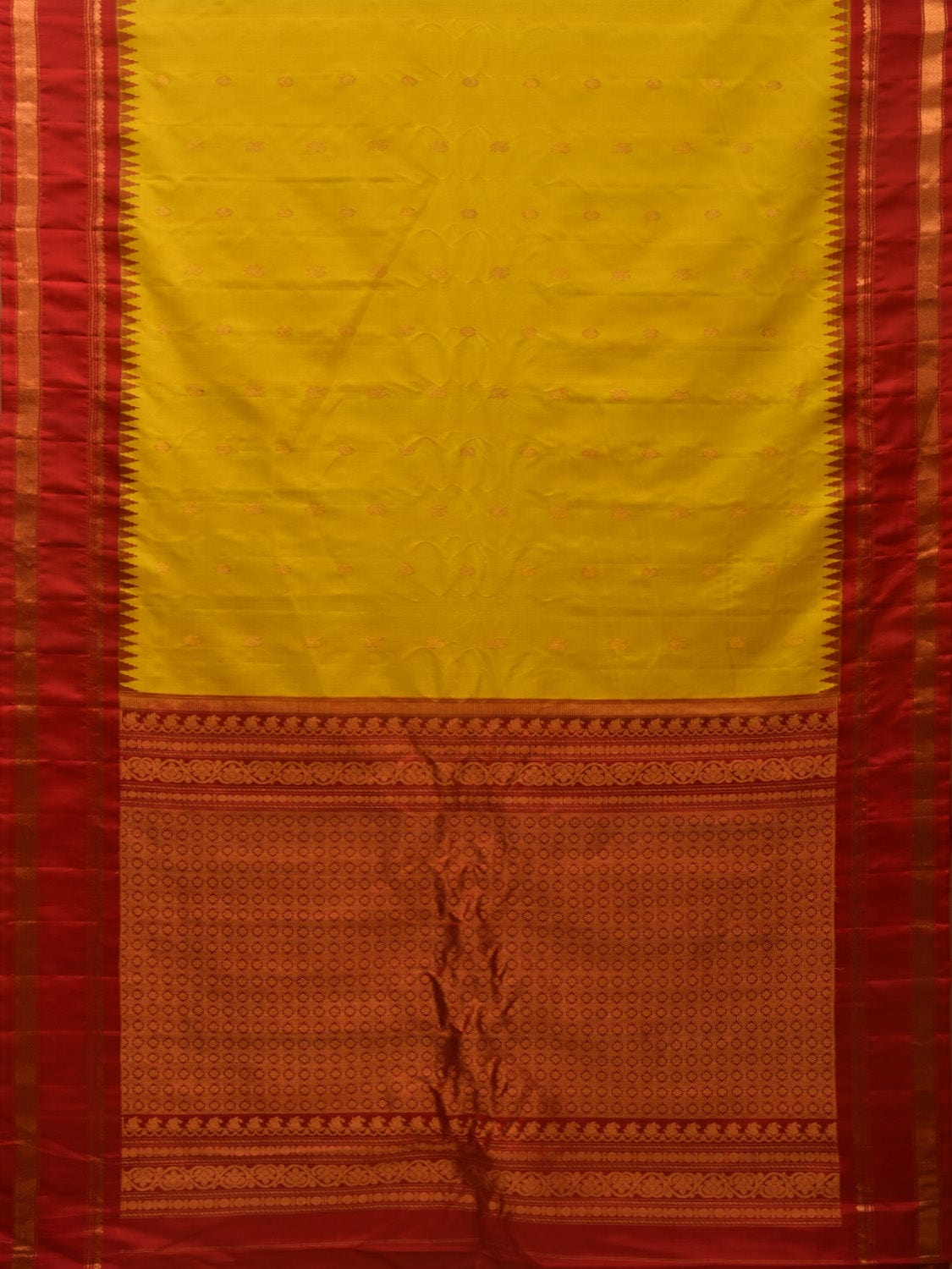 Yellow and Red Gadwal Silk Handloom Saree with Buta and Border Design g0324
