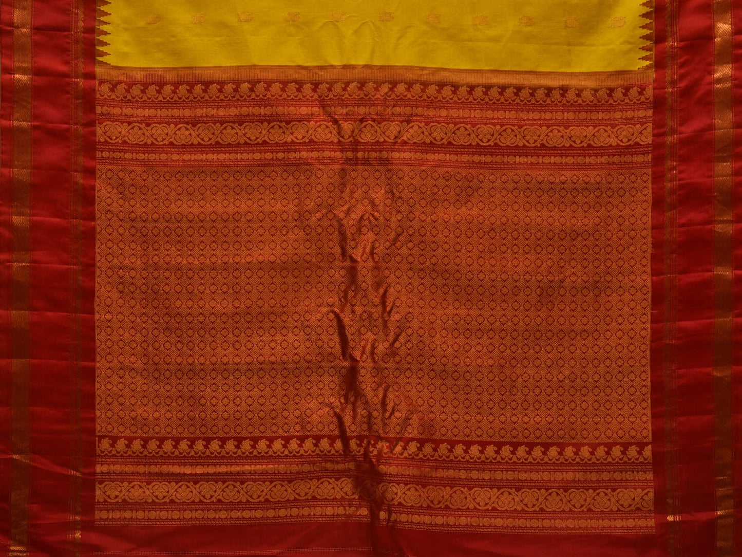 Yellow and Red Gadwal Silk Handloom Saree with Buta and Border Design g0324
