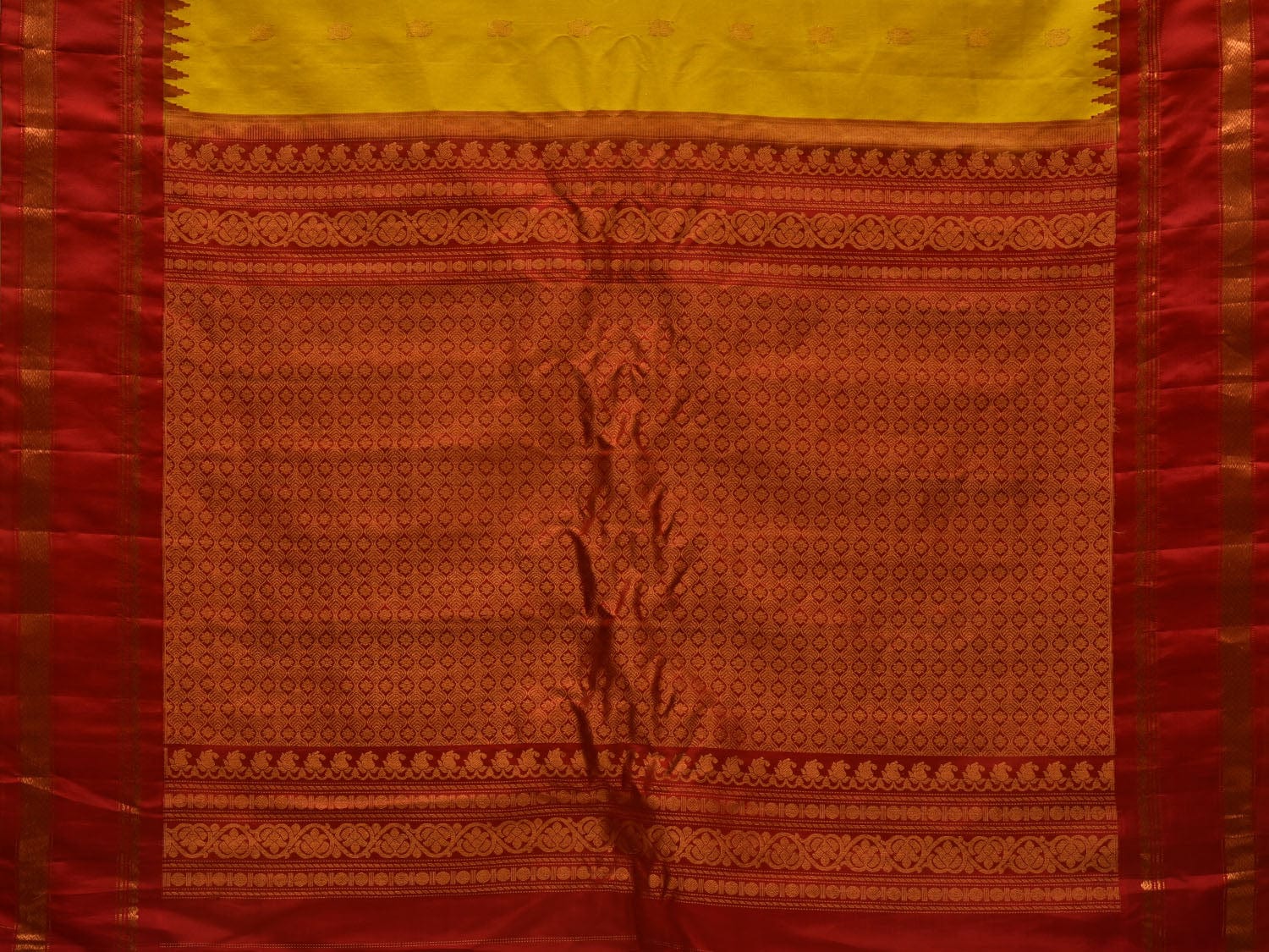 Yellow and Red Gadwal Silk Handloom Saree with Buta and Border Design g0324