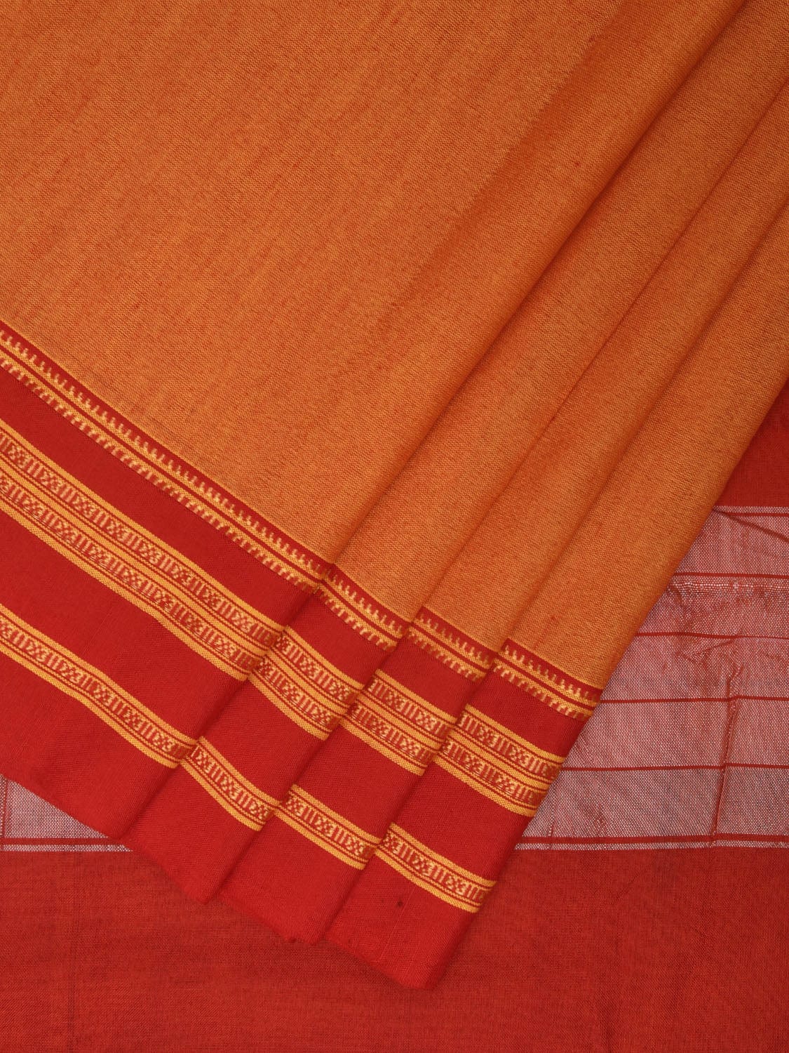 Yellow and Red ilkal Cotton Handloom Plain Saree with Strips Pallu Design o0468