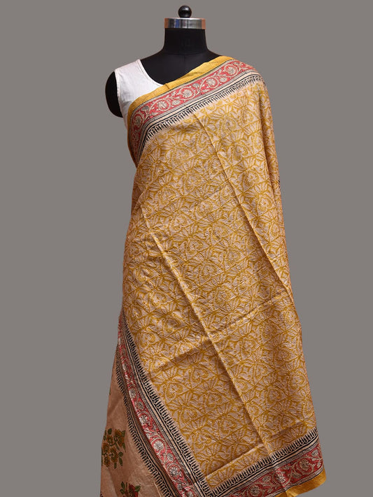 Yellow and Red Kalamkari Block Print Tussar Dupatta with Floral and Kantha Work Design ds3758