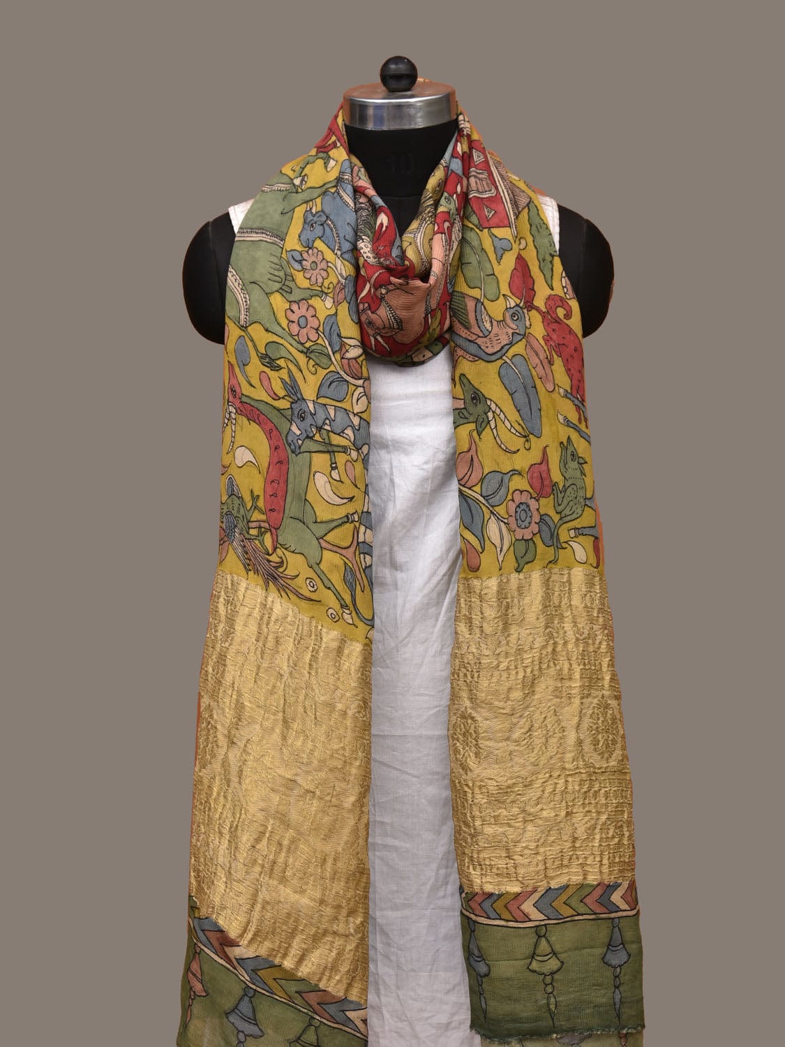 Yellow and Red Kalamkari Hand Painted Chiffon Dupatta with Village and Forest Theme Design ds3138