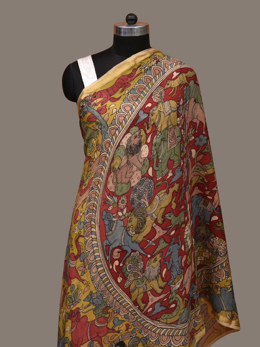 Yellow and Red Kalamkari Hand Painted Chiffon Dupatta with Village and Forest Theme Design ds3138