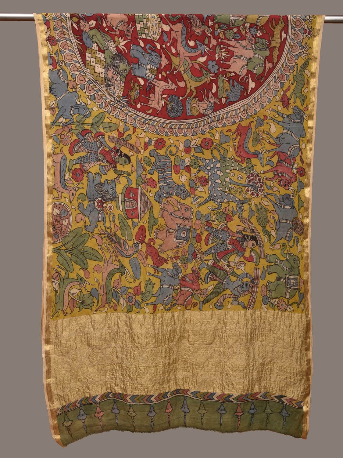 Yellow and Red Kalamkari Hand Painted Chiffon Dupatta with Village and Forest Theme Design ds3138