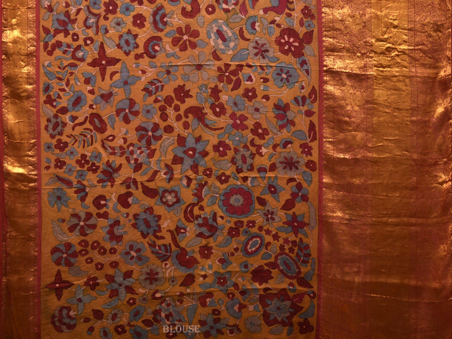 Yellow and Red Kalamkari Hand Painted Kanchipuram Silk Handloom Saree with Floral Design KL0623